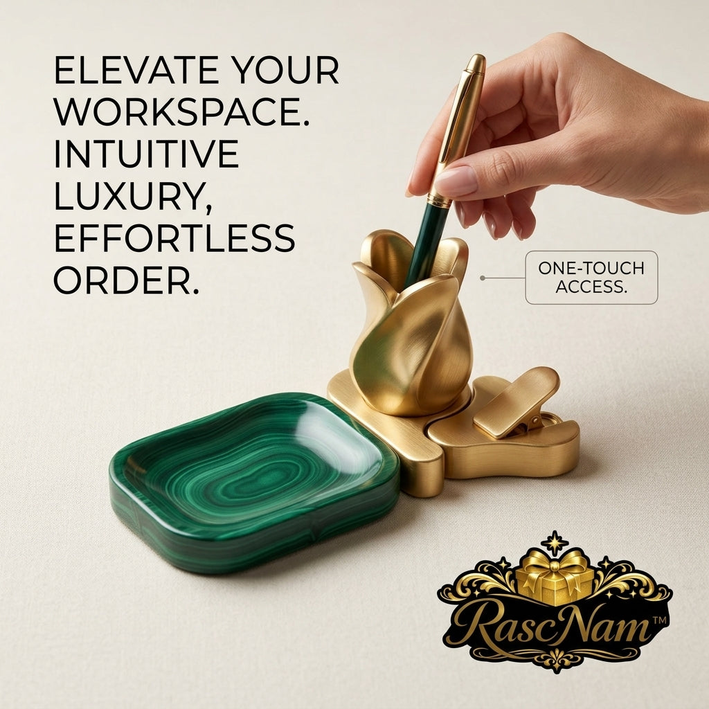 RascNam™ Luxury Desk Organizer Set - Aesthetic Green Malachite Accessory Tray, Gold Tulip Pen Holder & Desktop Paper Clip | Premium Office Decor & Elegant Executive Gift for Men & Women