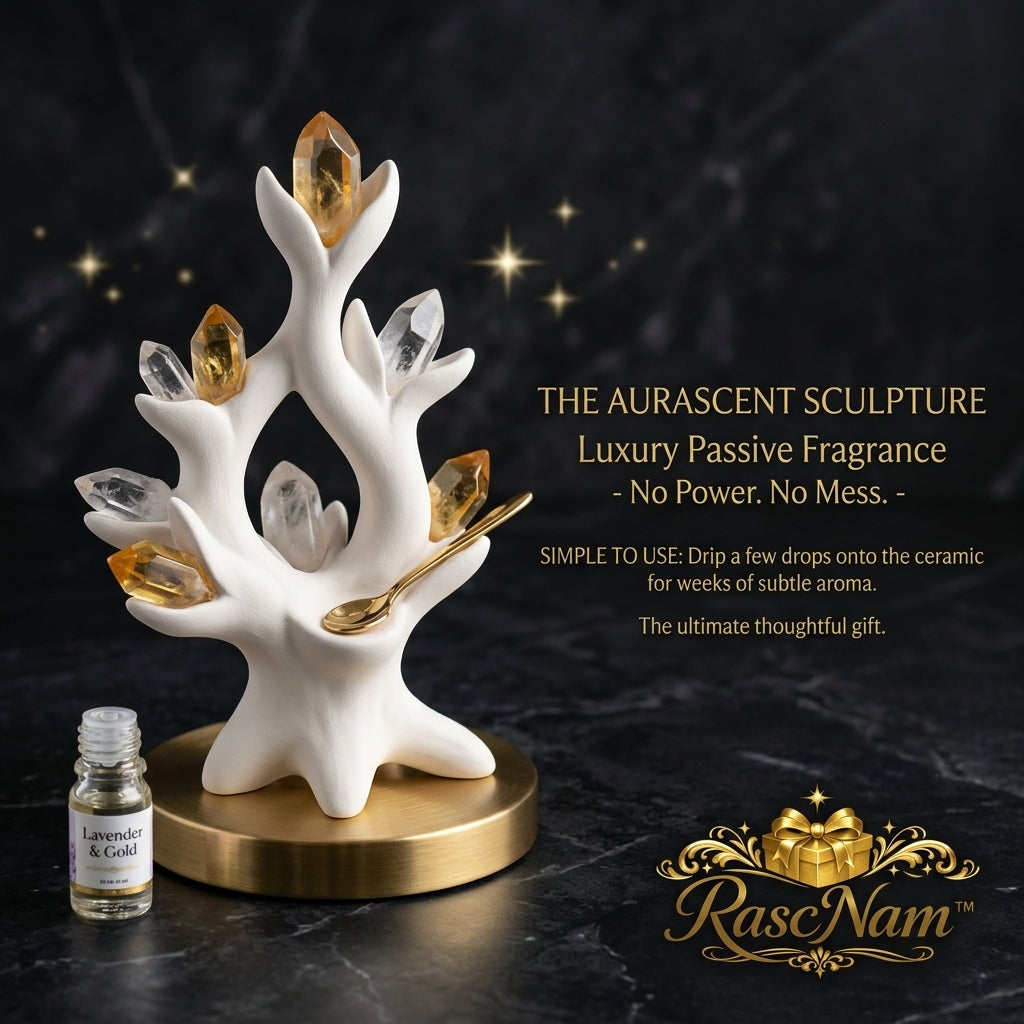 RascNam™ Aurascent Sculpture - Luxury Passive Essential Oil Diffuser Set | Handcrafted Ceramic Aromatherapy Stone with Natural Crystals & Brass Base | Waterless, Cordless, No-Power Home Fragrance Decor | Perfect Self-Care & Housewarming Gift