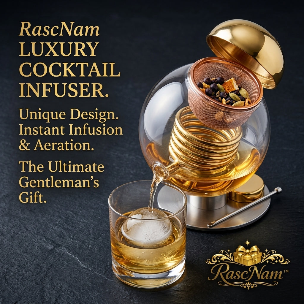 RascNam™ Luxury Cocktail Infuser & Aerator Kit - Hand-Blown Glass Decanter with Botanical Mesh Basket & Spiral Aerating Coil | Unique Whiskey Infusion Maker, Premium Home Bar Accessories & Ultimate Gentleman's Gift