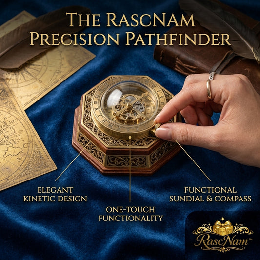 RascNam™ Precision Pathfinder Antique Brass Kinetic Compass and Sundial – Vintage Nautical Desk Decor, Handcrafted Wooden Base Skeleton Gear Instrument, Luxury Executive Gift for History Buffs & Adventurers
