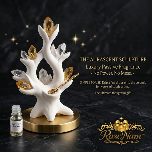 RascNam™ Aurascent Sculpture - Luxury Passive Essential Oil Diffuser Set | Handcrafted Ceramic Aromatherapy Stone with Natural Crystals & Brass Base | Waterless, Cordless, No-Power Home Fragrance Decor | Perfect Self-Care & Housewarming Gift