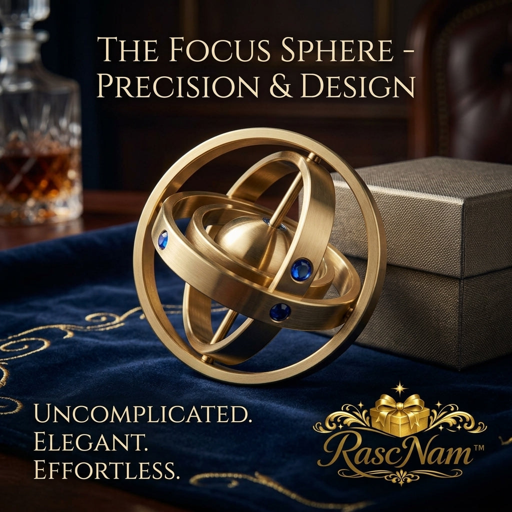 RascNam™ Focus Sphere - Premium Brass Kinetic Desk Toy | Multi-Axis Rotating Gyroscope for Stress Relief & Focus | Luxury Mechanical Physics Art Ornament, Executive Office Decor & Unique Gift
